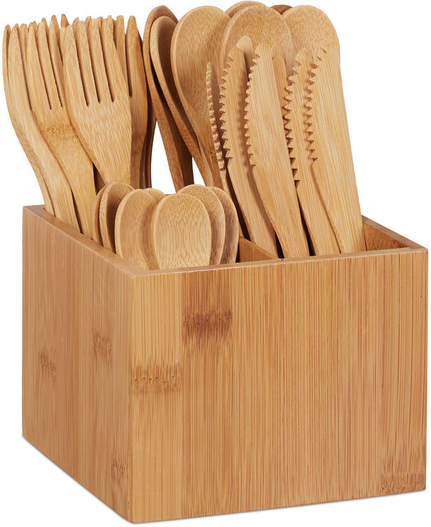 Bamboo Cutlery Set, each 10 x Knives, Forks, Spoons &Teaspoons, Cutlery Holder, Reusable, 41 Pieces, Natural - Relaxdays