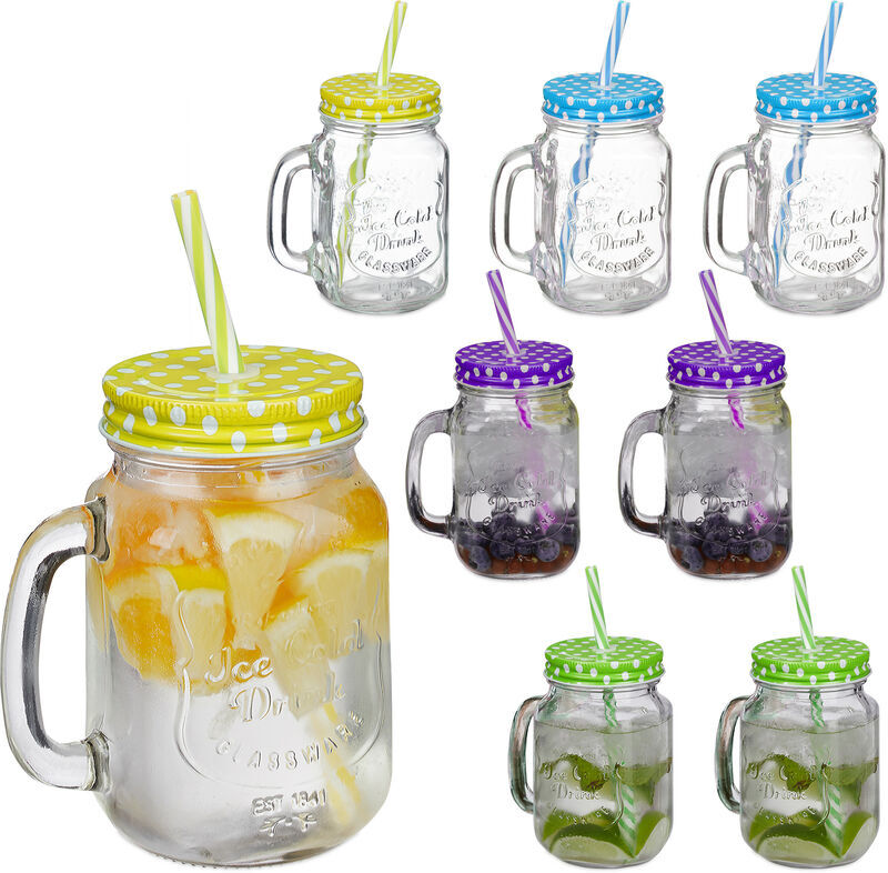 Drinking Jars Set of 8, Dishwasher Safe Including Lids and Straws, 400ml each, Vintage Glasses, Transparent - Relaxdays