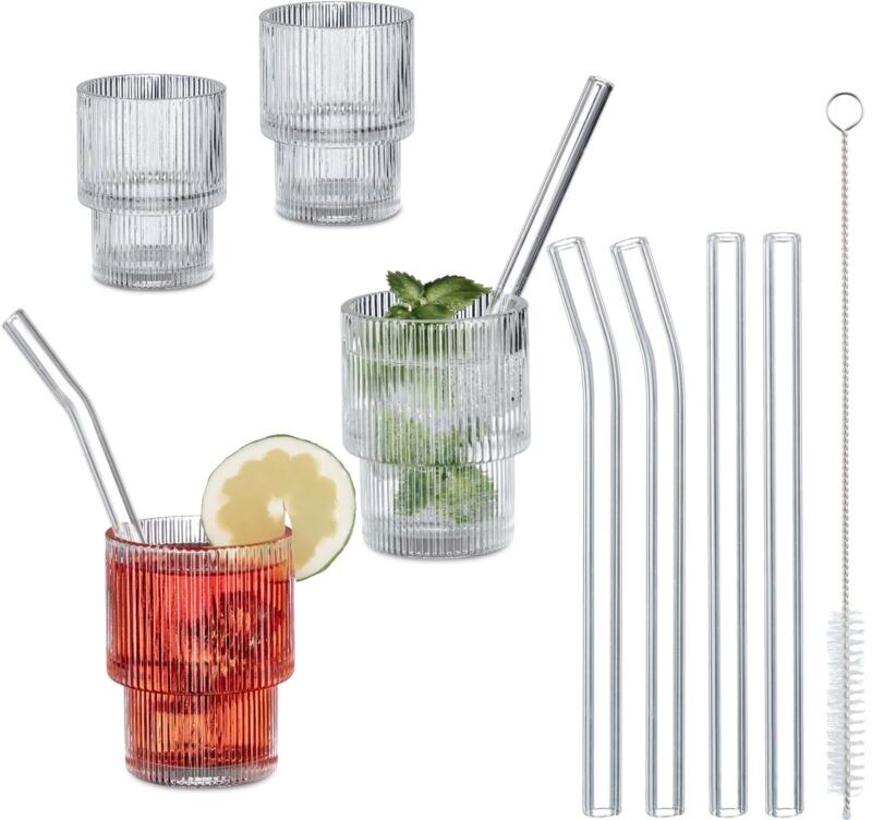 Relaxdays 4x Ribbed Drinking Glasses, 210ml, Retro Style, Dishwasher-Safe, Incl. Straws, Iced Coffee, Cocktails, Clear