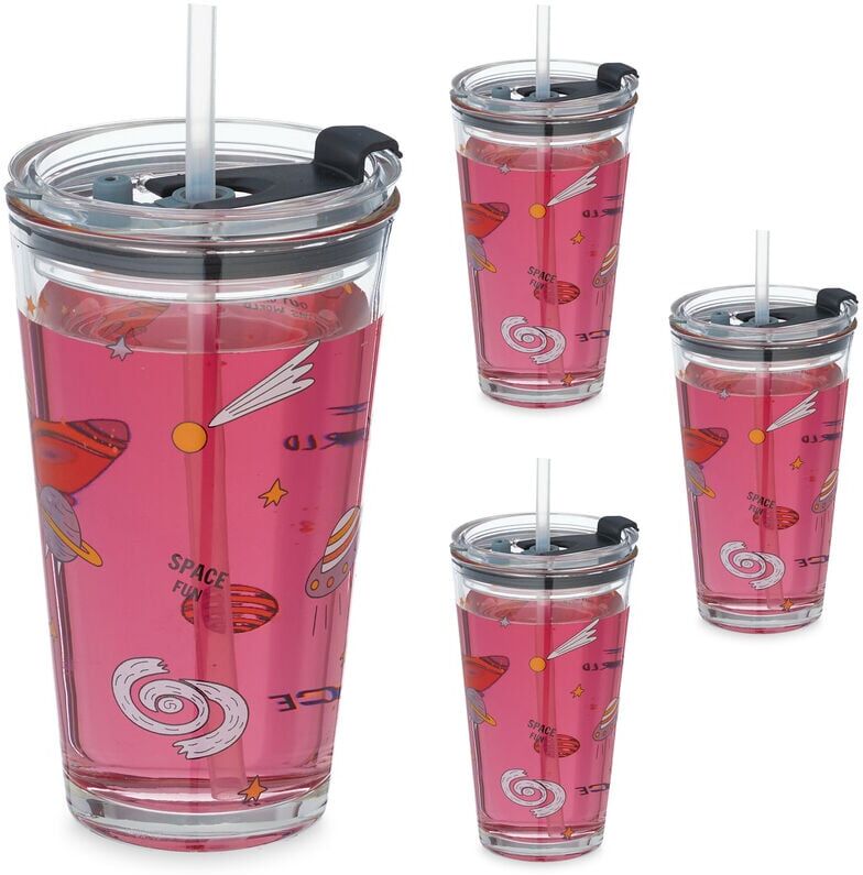 Set of 4 Children's Cups, Fun Space Motif, Drinking Glasses for Kids, Lid & Straw, Volume 450 ml, Transparent - Relaxdays