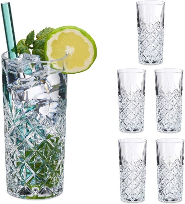 Set of 6 Drinking Glasses, Tumbler, Highball, Dishwasher-Safe, for Iced Coffee, Cocktails, 300 ml, Transparent - Relaxdays