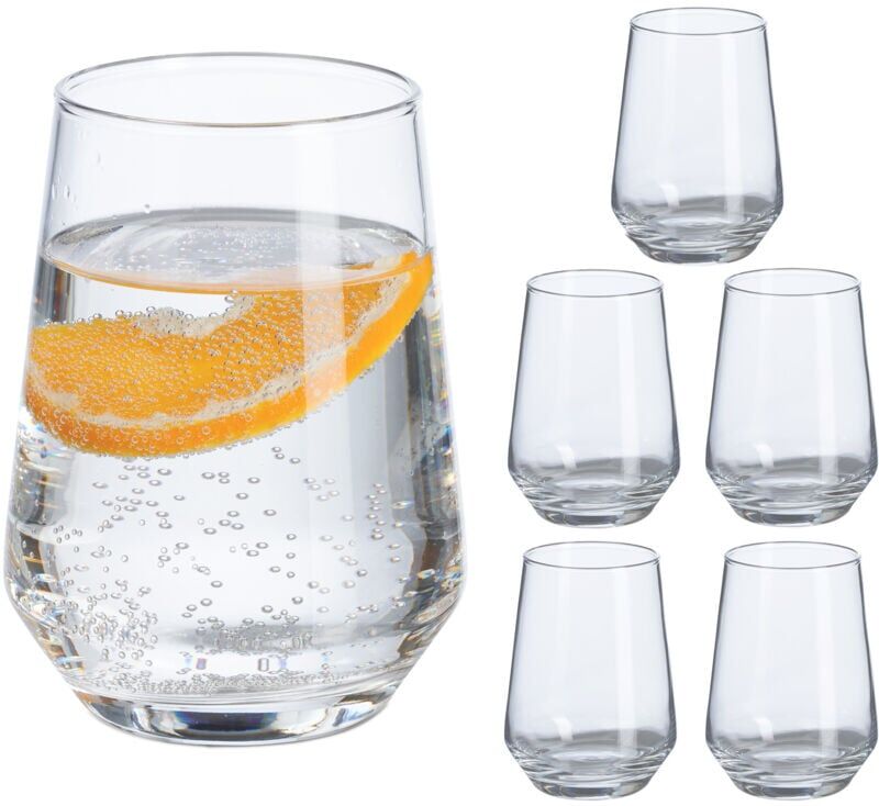 Drinking Glasses, Set of 6, Tumblers for Water, Juice & Soft Drinks, Dishwasher-Safe, 390 ml, Transparent - Relaxdays