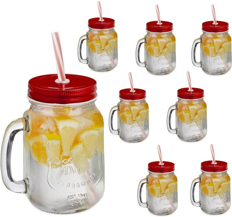 Set of 8 Drinking Glasses, Lids and Straws, 500 ml, Summer, Lemonade Mason Jars with Handle, Transparent/Red - Relaxdays