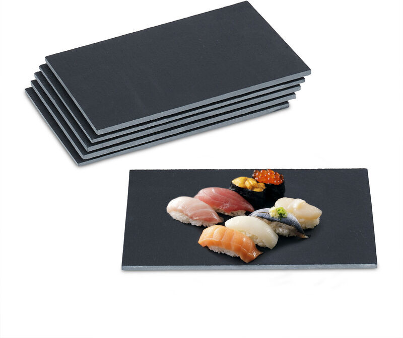 Relaxdays Slate Plates, Set of 6, Rectangular Serving Platters, 26 x 16 cm, Cheese Board, for Sushi & Desserts, Black