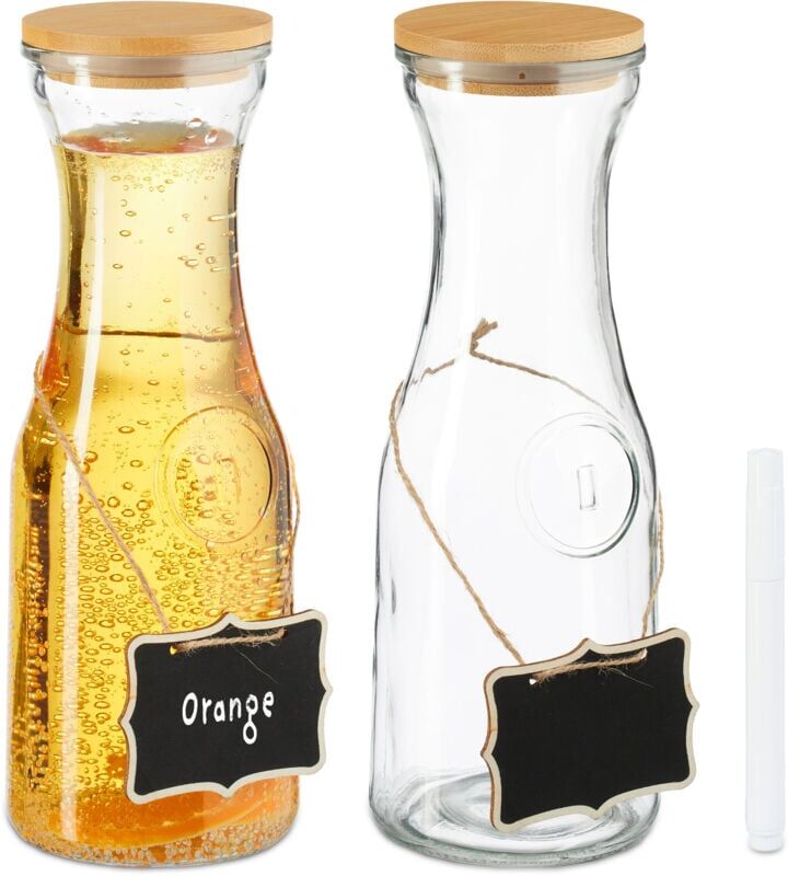 Water Carafe, Set of 2, 1 Litre, Glass Jug with Bamboo Lid, Drinks Pitcher with Labels, Juice & Iced Tea, - Relaxdays
