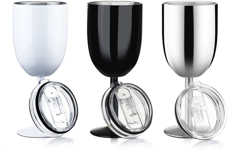 TLILY Stemmed Stainless Steel Wine Glasses with Lid Double Wall Insulated Tumbler Unbreakable Goblets 10oz a