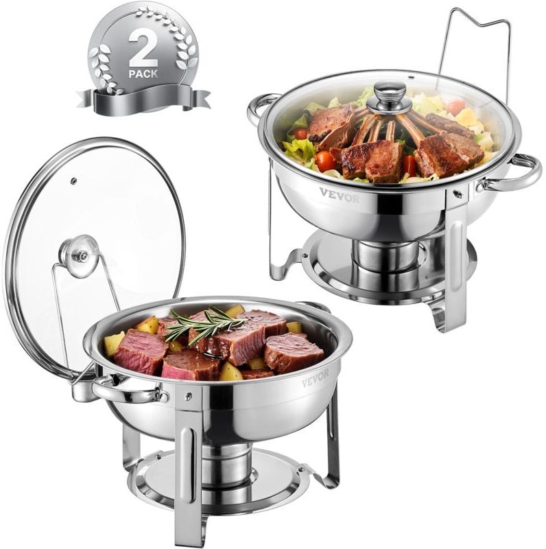 VEVOR Chafing Dish Buffet Set, 5 Qt 2 Pack, Stainless Steel Chafer with 2 Full Size Pan, Round Catering Warmer Server with Glass Lid Water Pan