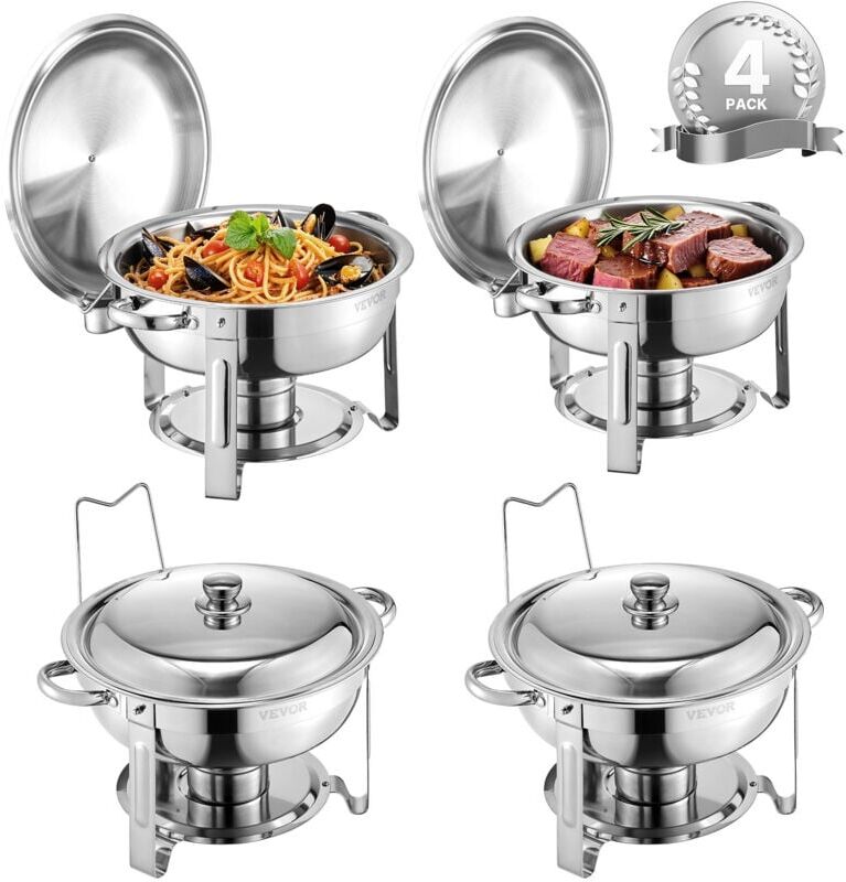VEVOR Chafing Dish Buffet Set, 5 Qt 4 Pack, Stainless Steel Chafer with 4 Full Size Pans, Round Catering Warmer Server with Lid Water Pan Folding Stand