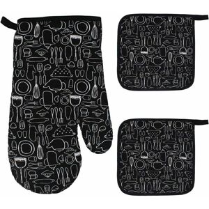 HOOPZI 1 Oven Gloves + 2 Potholders, Large Oven Gloves, Microwave Oven Gloves, Cotton Lining Glove, Oven Mitts, Barbecue Glove, Cooking, Grilling, Baking,