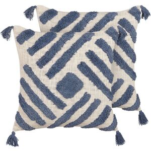 Beliani - 2 Boho Cotton Cushions Geometric Pattern Tassels 45 x 45 cm Beige and Blue Jacaranda - Blue