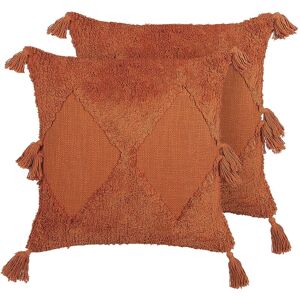 Beliani - 2 Boho Cotton Cushions Geometric Pattern Tassels 45 x 45 cm Orange Avium - Orange