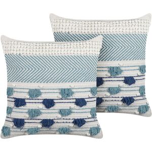 Beliani - 2 Cotton Scatter Cushions with Tassels Boho 45 x 45 cm White and Blue Datura - Blue