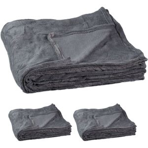 Relaxdays - Set of 3 Extra-Large Fleece Blankets, Wash at 30°C, Sofa Throw, Soft & Cosy, 200 x 220 cm, Polyester, Grey