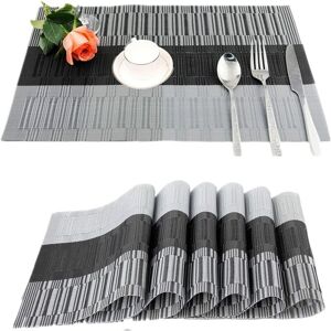 Aougo - 6Pcs Non-Slip pvc Placemats Washable Placemat(45x30cm) Placemats for Kitchen, Living Room, Garden or Dining Room (Black-Grey)