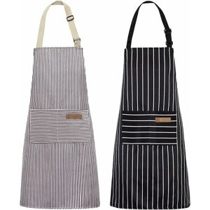 Alwaysh - 2 Pack Kitchen Apron, Adjustable Bib with 2 Pockets for Men Women (Black/Brown Stripes)