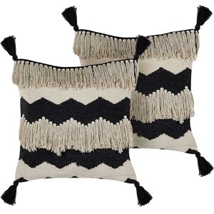 Beliani - Boho Cushions Geometric Pattern Hand Tufted Tassels 40x60cm Beige Black Hydrangea - Black