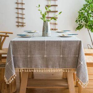 AOUGO Cotton and Linen Washable Table Cloth, Tassels Rectangular Dustproof Table Cloth for Kitchen Decoration (Grey Checkered, Rectangular/Oval, 140x260cm,