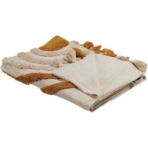 Beliani - Cotton Blanket Embrioidery Throw with Tassles 130x180cm Beige and Orange Mathura - Beige