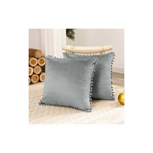 Deconovo - 2 Pack Crushed Velvet Cushion Covers 16x16 Inches with Poms Square Throw Pillowcases for Chairs Bed Boys Kitchen with Invisible Zipper