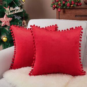 Pesce - Decorative Lumbar Throw Pillow Covers 12 x 20 Inch Soft Particles Velvet Solid Cushion Covers with Pom-poms for Couch Bedroom Car , Pack of