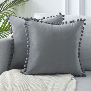 PESCE Decorative Lumbar Throw Pillow Covers 12 x 20 Inch Soft Particles Velvet Solid Cushion Covers with Pom-poms for Couch Bedroom Car , Pack of 2-20'x20'