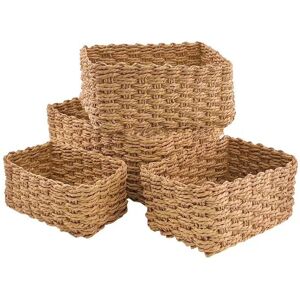 Set of 4 Wicker Baskets for Bathroom Storage - Eco-Friendly Paper Bin for Toys, Cosmetics, Linens and Accessories (Light Khaki) - Groofoo