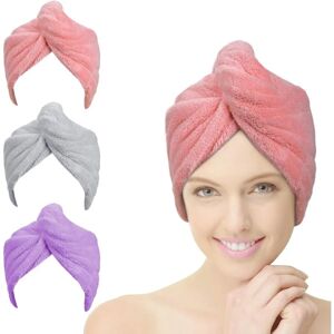 HÉLOISE Hair Towel, 3pcs Hair Drying Towels, Super Absorbent Microfiber Hair Towel Turban with Button Design Quickly Dry Hair for Women (Pink, Purple, Grey)