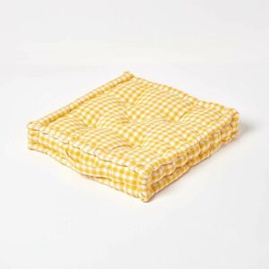 Homescapes - Cotton Gingham Check Yellow Floor Cushion, 50 x 50 cm - Yellow