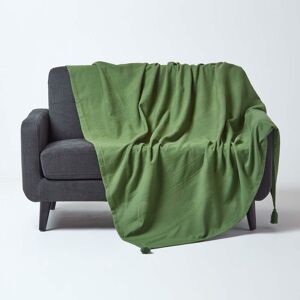 Homescapes - Cotton Rajput Ribbed Dark Olive Throw, 255 x 360cm - Green