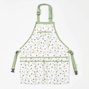 HOMESCAPES Green and White Gardening Apron with Floral Bee Design - Green and White - Green and White - Green and White