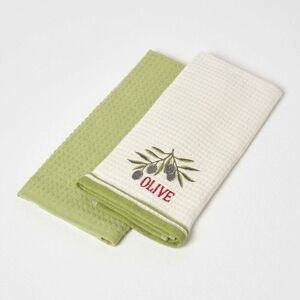 HOMESCAPES Olive Waffle Cotton Tea Towels, Set of 2 - Green