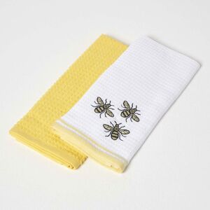 Homescapes - Bumble-Bee Waffle Cotton Tea Towels, Set of 2 - Yellow