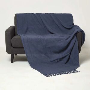 Homescapes - Kashi Navy Cotton Throw with Tassels 255 x 360 cm - Navy Blue
