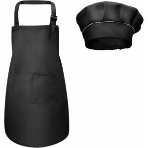 Héloise - Kids Apron + Chef Hat, Kids Adjustable Kitchen Apron with Pockets for Cooking Baking Painting 4-12 Years Old (Black, l)