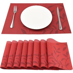 Norcks - Placemats Set of 8 Washable Heat Insulation Non-slip Woven Vinyl Place Mats for Kitchen and Dining Room (Red Leaf) - Red