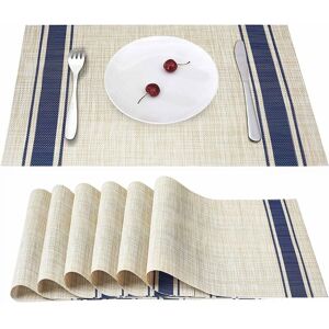 Placemats, Table Mats, Set of 6, Blue, Woven Vinyl, Non-Slip Heat-Resistant Washable Place Mats - Beige - Norcks