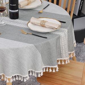 Héloise - Round Tablecloth 150cm Gray Washable Linen & Cotton Table Cloth Stain Proof with Tassels, Striped Embroidery for Birthday, Wedding, Dining,