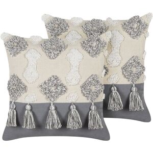 Beliani - Scatter Throw Pillows Home Decor Boho Tassels 45 x 45 cm White and Grey Alocasia - Beige