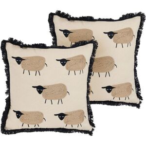 Beliani - Scatter Toss Cushion Set of 2 Pillow Beige Sheep Motif Pattern Print Fringes Tassels 45 x 45 cm Bannu - Beige