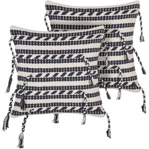 BELIANI Set of 2 Boho Throw Cushions Decorative Pillows Cotton with Tassels 45 x 45 cm Black and White Endive - Black