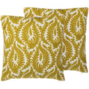 Beliani - Set of 2 Cotton Scatter Cushions Embroidered Pattern Khaki Toss 45x45cm Primula - Yellow