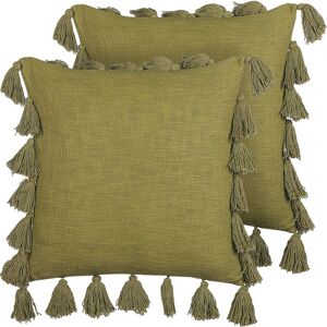 Beliani - Set of 2 Cotton Scatter Cushion Pillow Khaki Green Tassels 45 x 45 cm Lynchis - Green