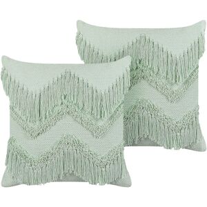 BELIANI Set of 2 Cotton Scatter Cushions with Tassels Boho Decor 45 x 45 cm Light Green Bacopa - Green