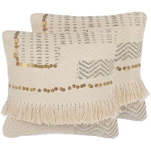 Beliani - Set of 2 Scatter Cushions Throw Pillows Boho Fringes 45 x 45 cm Beige Vayali - Beige