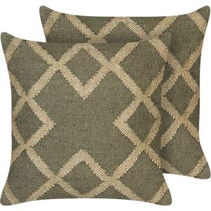 Beliani - Set of 2 Cushions Geometric Pattern Jute Wool 45x45 cm Green and Beige Gopi - Green