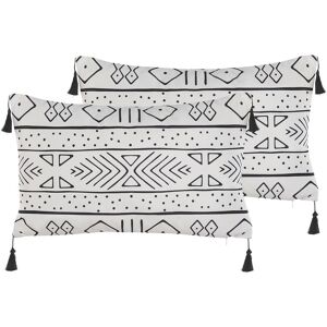 Beliani - Set of 2 Cushions Geometric Pattern Tassels 30 x 50cm White and Black Schefflera - White