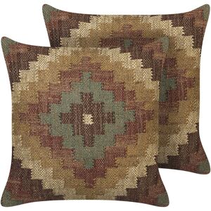 Beliani - Set of 2 Cushions Oriental Ethnic Pattern Jute Wool 45x45 cm Multicolour Maguri - Brown