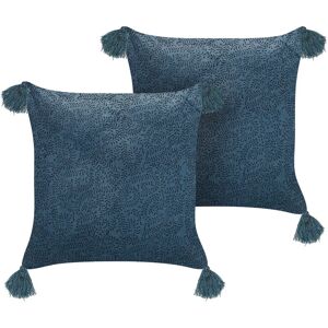 Beliani - Set of 2 Decorative Velvet Block Printed Throw Pillows Floral Pattern 45x45 cm Dark Blue Setaria - Blue