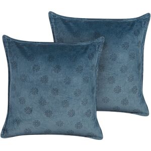 Beliani - Set of 2 Decorative Velvet Block Printed Throw Pillows Geometric Pattern 45x45 cm Dark Blue Seseli - Blue