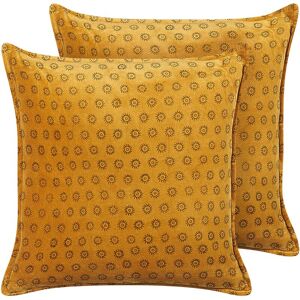 Beliani - Set of 2 Decorative Velvet Block Printed Throw Pillows Sun Pattern 45x45 cm Yellow Rapis - Yellow